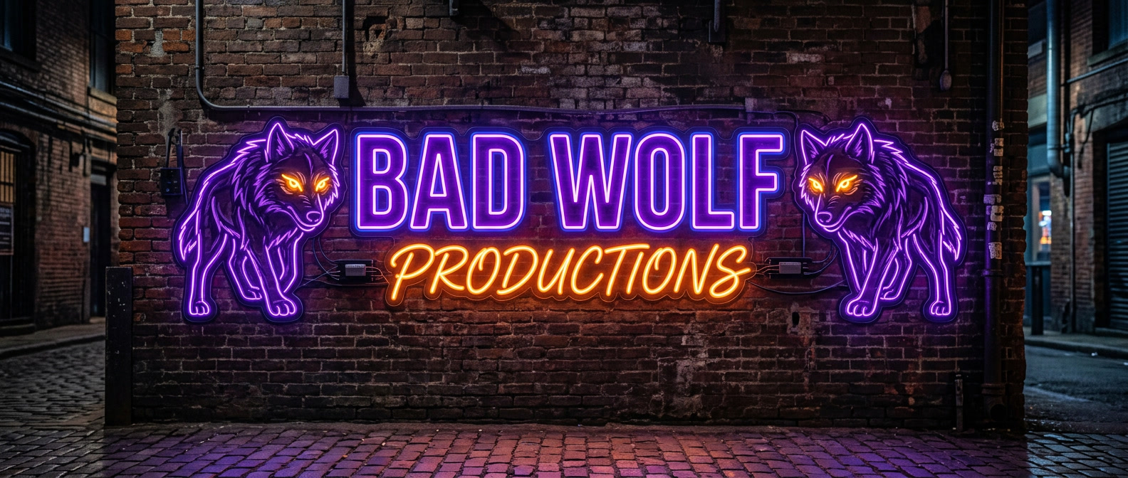 Neon sign on a brick wall, sign says "Bad Wolf Productions",